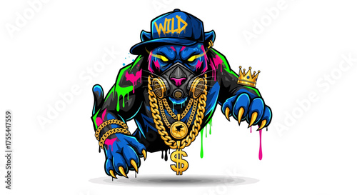 Wild and vibrant panther streetwear design, perfect for urban fashion brands and edgy apparel, this cool animal character brings a unique style statement