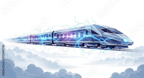 Futuristic high speed train concept art with lightning effects for travel and transportation illustration design