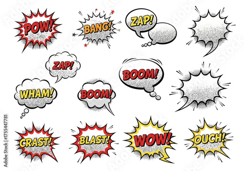 Comic book image with 12 speech bubbles each containing distinct words styled in popart