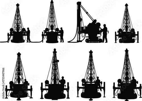 Silhouette illustration of oil drilling rigs and workers, industrial petroleum extraction equipment, engineering machinery, energy production process, black vector isolated design