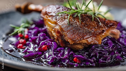 Portion of roast duck leg red cabbage