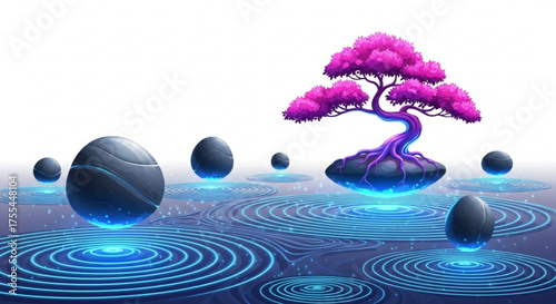 Zen garden illustration with bonsai tree, stones and water ripples for meditation and relaxation art design