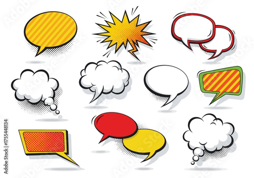 Comicstyle art showcases speech bubbles of various shapes and vibrant colors with halftone shading on a white background