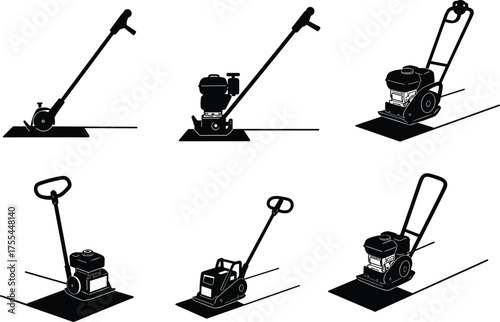 Construction compactor machine silhouettes collection, vibration plate tampers, building tools for soil compaction, industrial equipment vector set, isolated illustration