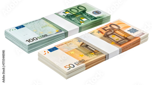 Isolated Stacks of Euro Banknotes, Bundles of Cash, European Currency, Wealth and Finance
