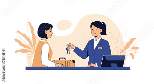 Hotel Receptionist Giving Room Key To A Guest, Showing Hospitality And Travel Concept