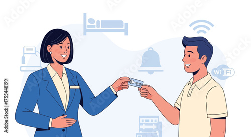 Hotel Receptionist Handing Keycard To Guest Illustrating Hospitality And Accommodation