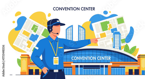 Illustration Of Convention Center Employee Guiding Attendees With Map And Building