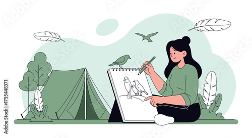 Illustrative Depiction Of Outdoor Illustration Of An Artist Drawing Birds During Camping Trip