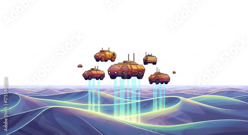 Futuristic flying vehicles over wavy terrain concept art for science fiction game development assets design