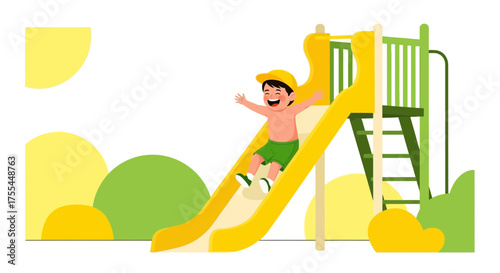 Joyful Child Sliding Delightfully On Play Area Structure With Vibrant Colors