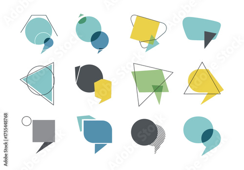 Geometric speech bubbles transparent shapes in varying colors