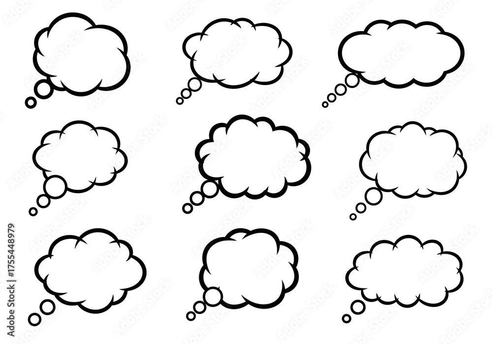 Fototapeta premium Nine cloudshaped cartoon speech bubbles in black and white are arranged in a 3x3 grid