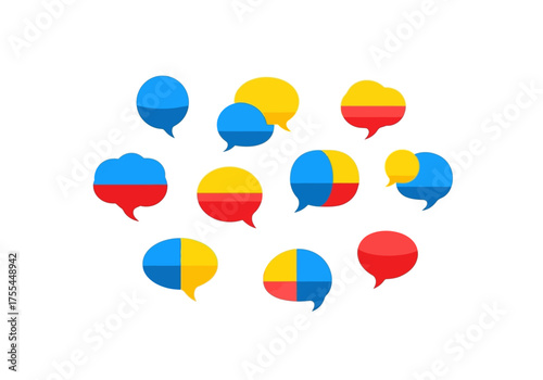 Multicolored chat bubbles arranged randomly some are split into different colors