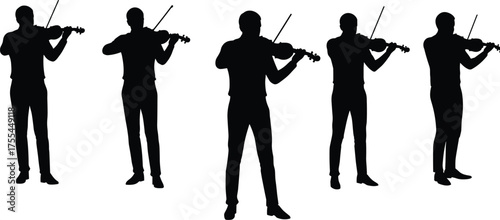 Silhouette set of violin players, male and female string instrument musicians in formal wear, classic vector illustration.