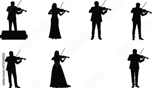 Silhouette set of violin players, male and female string instrument musicians in formal wear, classic vector illustration.