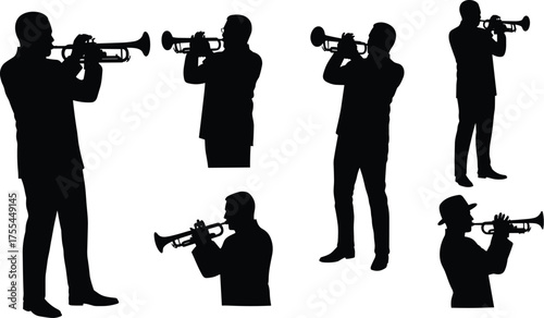 Silhouette collection of male jazz musicians in suits playing trumpet, brass wind instrument performers, black and white artistic vector illustration.