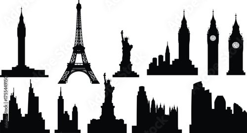 Famous world landmarks silhouettes, iconic city skylines, global monuments and architecture symbols for travel, tourism, urban design, decoration and vector illustrations