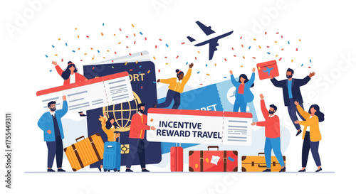 Joyful People Celebrating Travel Incentives and Rewards with Tickets and Luggage