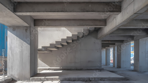 An architectural view of an unfinished concrete building, showcasing staircases and support beams. The structure is modern, with clean lines and minimalist design.