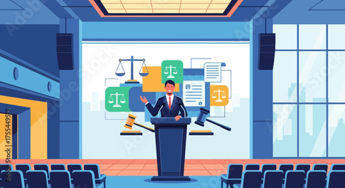 Lawyer Presenting Legal Concepts In Modern Courtroom With Graphics Displayed Effectively