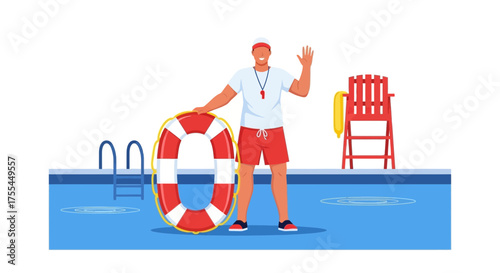Lifeguard Greeting By Poolside, Ready for Action, Offering Services with a Smile Presenting Safety