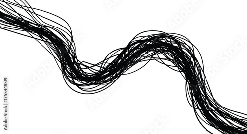 Flowing curved electric wires and cables abstract illustration, black and white vector design symbolizing motion, energy connection, and modern industrial communication network.