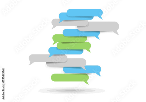 Stack of blue gray and green stylized chat bubbles overlapping against a white background with drop shadows