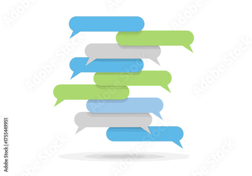 Stacked text bubbles in blue green and gray slightly overlapping