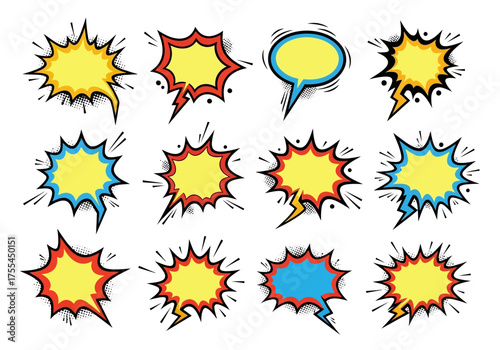 Twelve yellow  outlined comic speech bubbles with halftone shading on a white background
