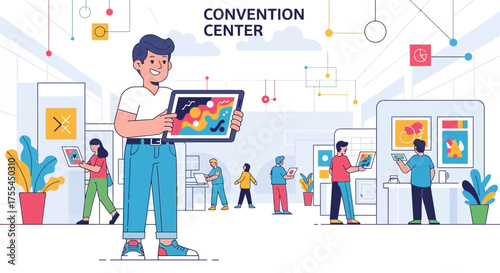 Modern Convention Participants Collaborating With Digital Devices And Data Flow Visualizations