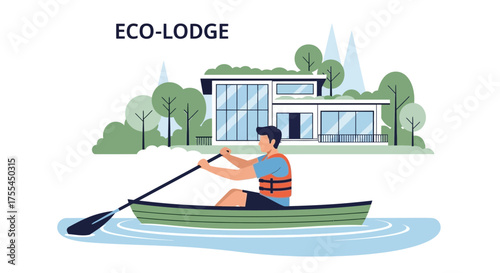 Modern Eco-Lodge By The Lake with Person Rowing a Kayak in a Peaceful Setting