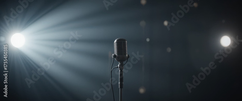 Live music performance stage photo dark environment close-up microphone spotlighting artist