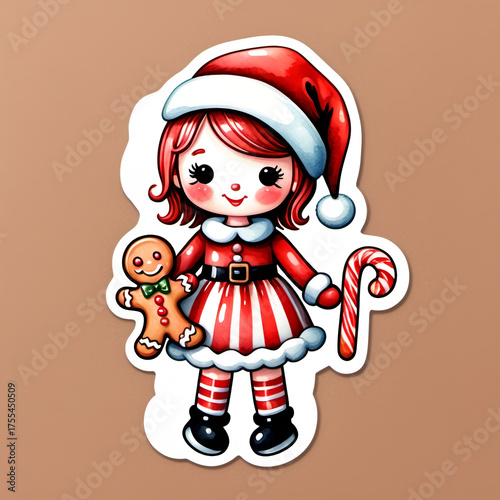 Christmas doll in red velvet dress with candy cane stripes, tiny Santa hat