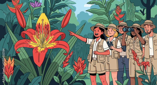 Cartoon illustration of a diverse group on a jungle adventure with vibrant plants