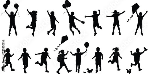Happy children silhouettes playing outdoors, running, jumping, flying kites, holding balloons, childhood fun and freedom concept vector illustration design for creativity