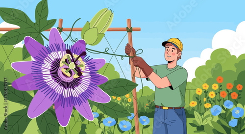 Gardener tending to passion flower vine, ensuring its growth and structural integrity