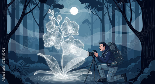 Enthusiastic nature photographer captures magical orchid under moonlight in a serene forest