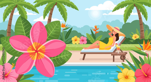 Cartoon illustration of tropical getaway with woman lounging by the pool and exotic flowers