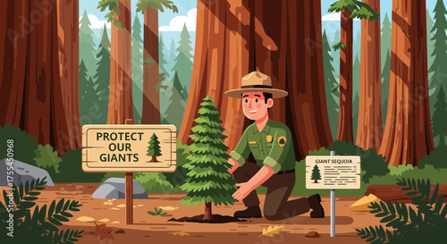 Illustration of park ranger planting a sapling among giant sequoia trees