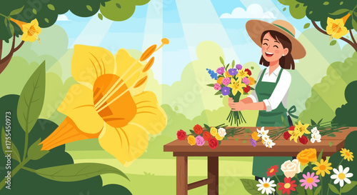 Florist crafting a colorful bouquet in a blooming garden under the sunshine