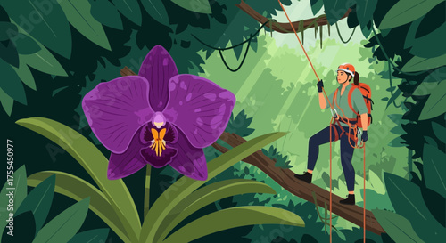 Jungle adventurer descending with rope with vibrant orchid in the foreground