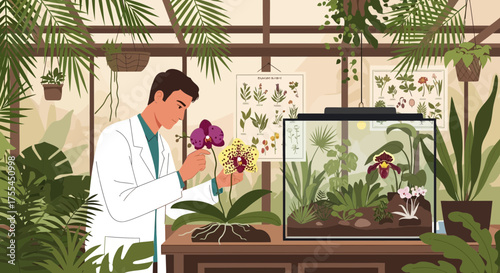 Illustration of botanist observing orchids in lush greenhouse, researching plant science