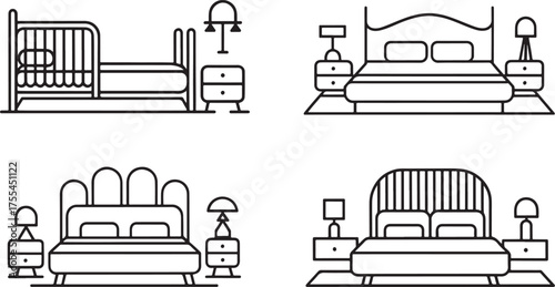 Assortment of bed and nightstand illustrations, showcasing various modern and classic designs for bedroom furniture and interior decor concepts