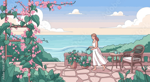 A woman waters potted flowers on a serene balcony overlooking the ocean