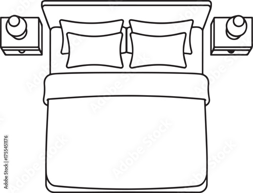 Overhead view of a neatly made bed with nightstands