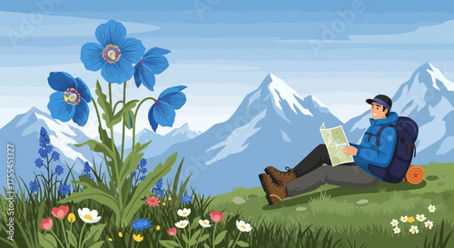Illustrative alpine trekking scene with blooming blue poppies and mountain views