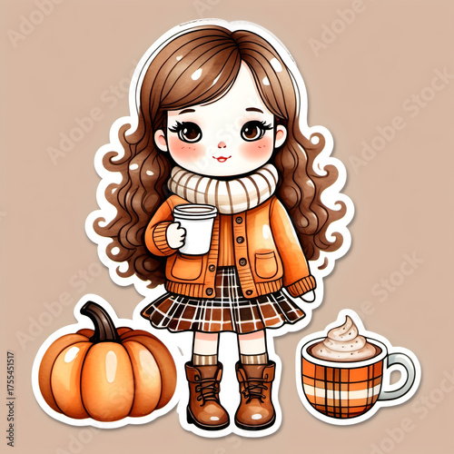 Autumn cozy doll in a pumpkin-colored sweater, plaid skirt, holding a cup of hot cocoa, brown boots with leaf details