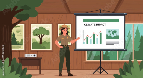 Educational presentation on climate impact by a park ranger inside a visitors center