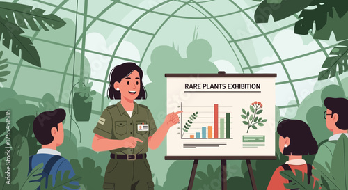 A botanical garden presentation showcasing a rare plants exhibition and attendance graph